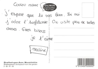 Shakespeare's Birthplace — Holzrahmenhaus mit Garten — Verlag SALMON Cameracolour Post Card — Rückseite
