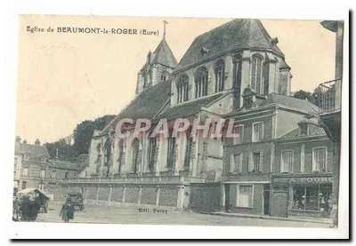 Igreja de Beaumont-le-Roger (Eure) — vista do edifício religioso com rua adjacente — Edit. Porcay