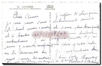 Statua Najświętszej Maryi Panny Niezgarnionej — Lourdes — wydawca IRIS MEXICHROME, nr 75 — Rewers