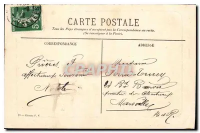 Lourdes — vue générale avec édifice religieux et montagnes — Édition F. V. — Rewers