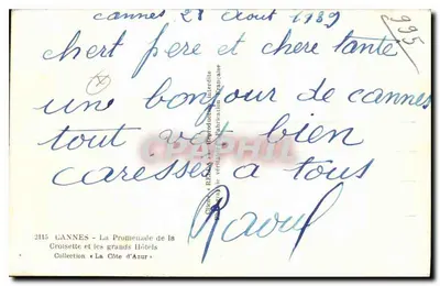 Cannes — Promenada Croisette i duże hotele — kolekcja «La Côte d'Azur» — wydawca Rella — Rewers