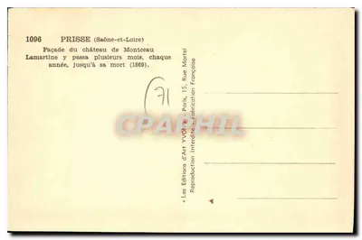 Fasada zamku Montceau — Prisse (Saône-et-Loire) — Wydawnictwo Art Yvon, Paryż — Rewers