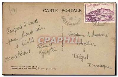 Bilhete postal antigo Environs de Chagny S & L Castelo da Roche Pot les daux ponts levis — Verso