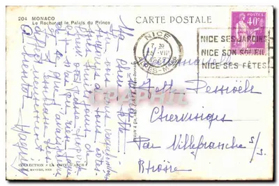 Monako — Le Rocher i Pałac Książęcy — Stara pocztówka n°204, wydawca nie widoczny — Rewers