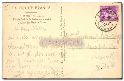 Chambéry — Südseite der Präfektur, einst Schloss der Herzöge von Savoyen — Künstlerverlag Martel — Rückseite