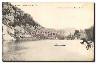 Primeiro Bassin do Doubs — paisagem lacustre com barco — Cliché Ch. Simon, editor, Maiche (Doubs)