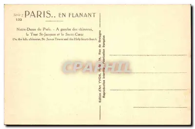Notre-Dame w Paryżu — Po lewej strony chimery, wieża St-Jacques i Sacré-Cœur — Wydawnictwo Art YVON, Paryż — Rewers