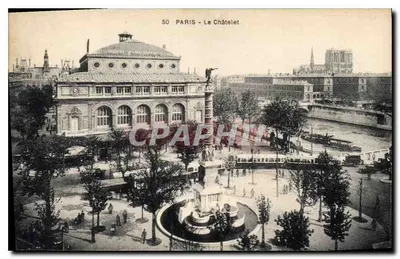 Paryż - Zamek Châtelet — widok z placu z fontanną i katedrą Notre-Dame na tle — wydawca nieznany, nr 50