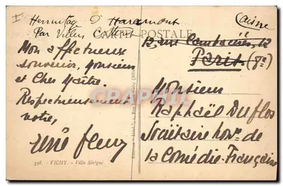 Villa Sévigné — Vichy — editor Carte Postale — Verso
