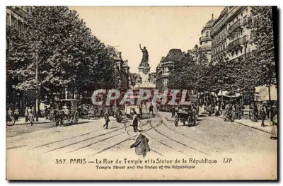 Paryż — Rue du Temple i Statua Republiki — J. Cormault, drukarnia 3, rue Bergère