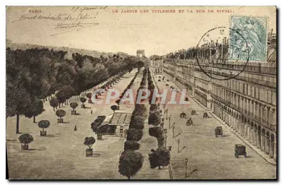Paryż — Ogród Tuileries i ulica Rivoli — wydawca nieznany