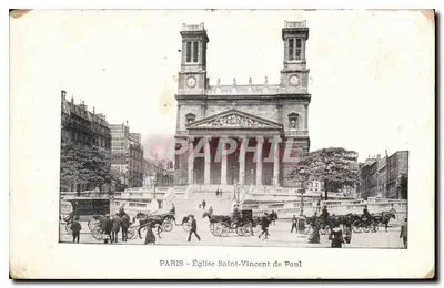 PARIS - Igreja de São Vicente de Paulo — vista da fachada e da praça com carruagens
