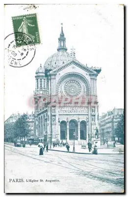 Paris. A Igreja de São Agostinho — vista da fachada com roseira e bondes — editor não visível