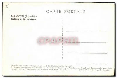 Tartarin i Taraska — Tartarin w towarzystwie Bravidy idzie po Taraskę, matkę Tarasconian, by wsiąść na Tutu-Panpan w kierunku Port-Tarascon — seria Bezuquet, Reprod. Interd. — Rewers