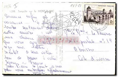 Mont Blanc — zimowy widok z narciarzami — Cliché International, nr 1.298 — Rewers