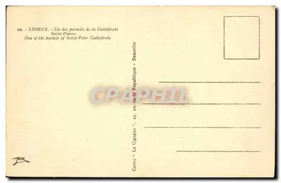 Lisieux — Een van de poorten van de Sint-Pieterkathedraal — Kaarten 'La Cigogne', 25, av. de la République, Deauville — Achterkant