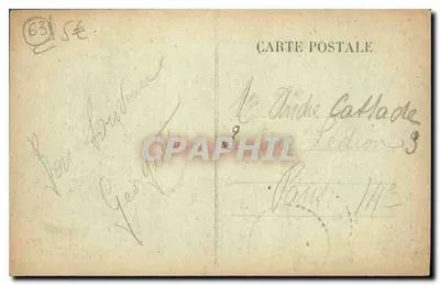 Clermont-Ferrand — Het theater, de rue Blattin en in de verte het Puy-de-Dôme — Uitgever: Le Dinde Gallade — Achterkant
