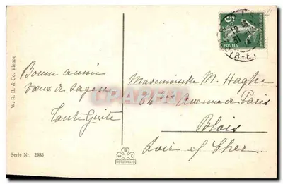 Floresta de carvalhos — vista da ribeira — W. R. B. & Co. Viena, série 2985 — Verso