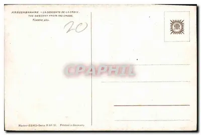 A descida da cruz — pintura de Fleeke — série R N° 51, impressa na Alemanha — Verso