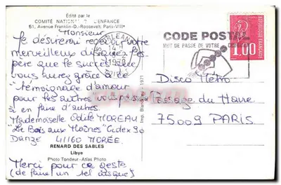 Raposa nos arbustos — editado pelo Comité National de l'Enfance, Paris — Verso