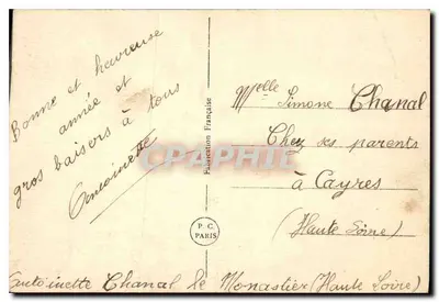 Zimowy krajobraz pod księżycem — Szczęśliwy Nowy Rok — Wydawca: Faïencerie Française, nr 5 — Rewers