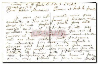 Pejzaż zimowy — dekoracyjne różki — tekst życzeń — odwrotna strona z ręcznym pismem i datą 1941 — Rewers