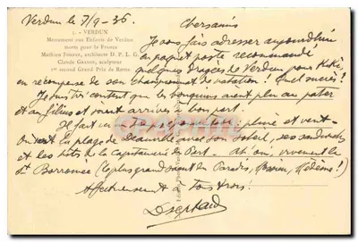Monumento aos Crianças de Verdun — Verdun, 1936 — Édition Photo Verlaine — Verso
