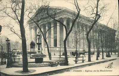 Paris - Église de la Madeleine — vue avec fontaine et arbres — éditeur L.C. n°159