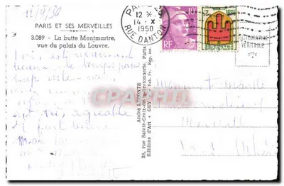 Stara pocztówka Paryż i jego Cudowności Widok wzgórza Montmartre z pałacu Louvre — Rewers