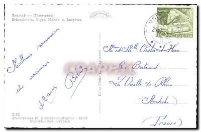 Beaterberg (Thunersee) — Schreckhorn, Eiger, Mönch e Jungfrau — Kunstverlag G. D'Aguanno-Meylan - Genebra — Verso
