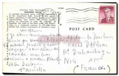 Niagara Falls — Nachtlicht — A & A Greeting Card Co. n° P57481 — Rückseite