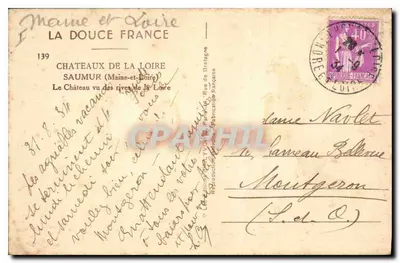 Castillo de Saumur — vista de las orillas de la Loira — editor ML Saumur, n°139 — Reverso