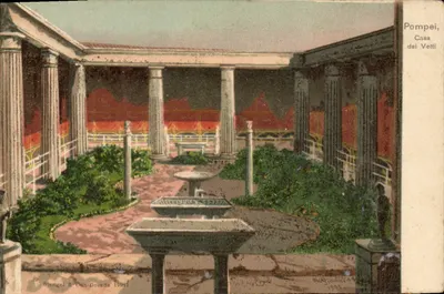 Pompéia, Casa dos Vetti — vista de um pátio com fonte — Stengel & Co., Dresden 1901