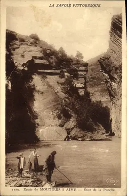Bilhete postal antigo A Savoie Pintoresca Estrada de Moutiers para Aime Salto da Moça