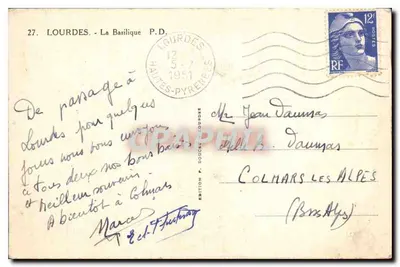 Lourdes — Widok na Bazylikę — Wydawnictwo P. Doucet, nr 27 — Rewers