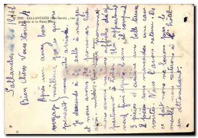 Sallanches (Haute-Savoie) — vue générale et le Mont Blanc — Éditeur : GABINET & BÉNIN - N° 2755 — Verso