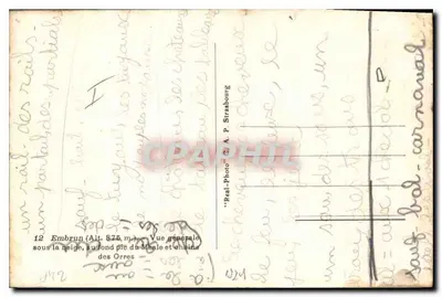 Embrun (Alt. 875 m.) — Ogólny widok pod śniegiem, w tle szczyt Mele i łańcuch Orres — 'Real-Photo' C. A. P. Strasbourg — Rewers