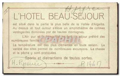 Argelès-Gazost — Vista geral — Hotel Beau-Séjour, Instituto terapêutico, Viscos alt. 2141 m — Verso