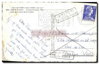 Stara pocztówka Cassis (B du R) Le Cap Canaille Widok wykonany z drogi Cineste — Rewers