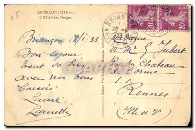 Hotel das Neves — Briançon (1326 m.) — Edição Vve François Briançon — Verso