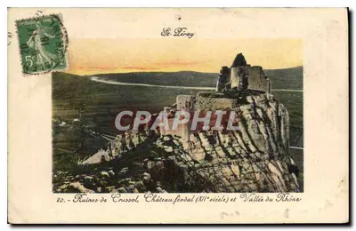 Bilhete postal antigo St Peray Ruínas de Crussol Castelo Feudal e Vale do Ródano
