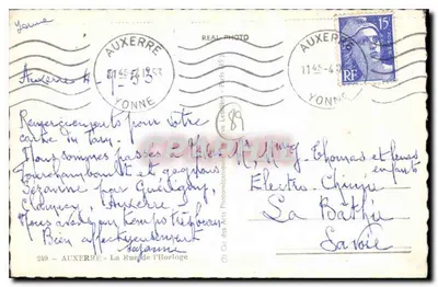 Auxerre — rue de l'Horloge avec la tour de l'Horloge — éditeur CP — Verso