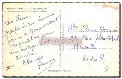A guarda príncipe diante do palácio — Principado de Mônaco — Edições 'LA CIGOGNE' — Verso