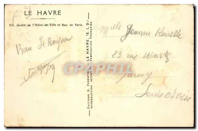 Widok ogroduHôtel-de-Ville w Le Havre — Międzynarodowa Wystawa Kolonialna 1931 — Wydawnictwo G. Forestière — Rewers