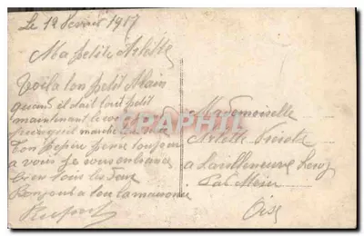 Bebé en una cuna celestial — rodeado de ángeles — tarjeta postal — Reverso