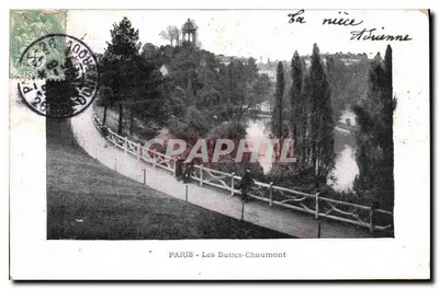 PARIS - Les Buttes-Chaumont — vue du parc avec étang et sentier — éditeur non visible