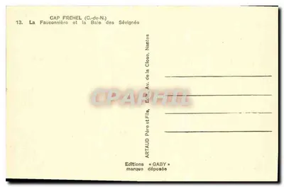 Cap Fréhel (C.-du-N.) — A Fauconnière e a Baía das Sévignés — Edições Gaby, Nantes — Verso