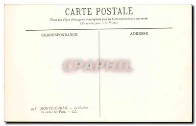Monte-Carlo — Kasyno widziane między sosnami — wydawca L.L. n° 958 — Rewers
