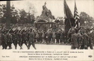 Amerykański Dzień Niepodległości w Paryżu — 4 lipca 1918 — Statua Strasbourgu — Wydawca Visé, Paryż
