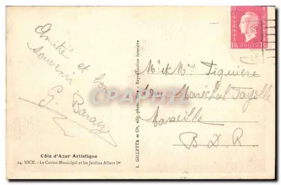 El Casino Municipal y los Jardines Albert Ier — Niza — editado por GILLETTA et Cie — Reverso